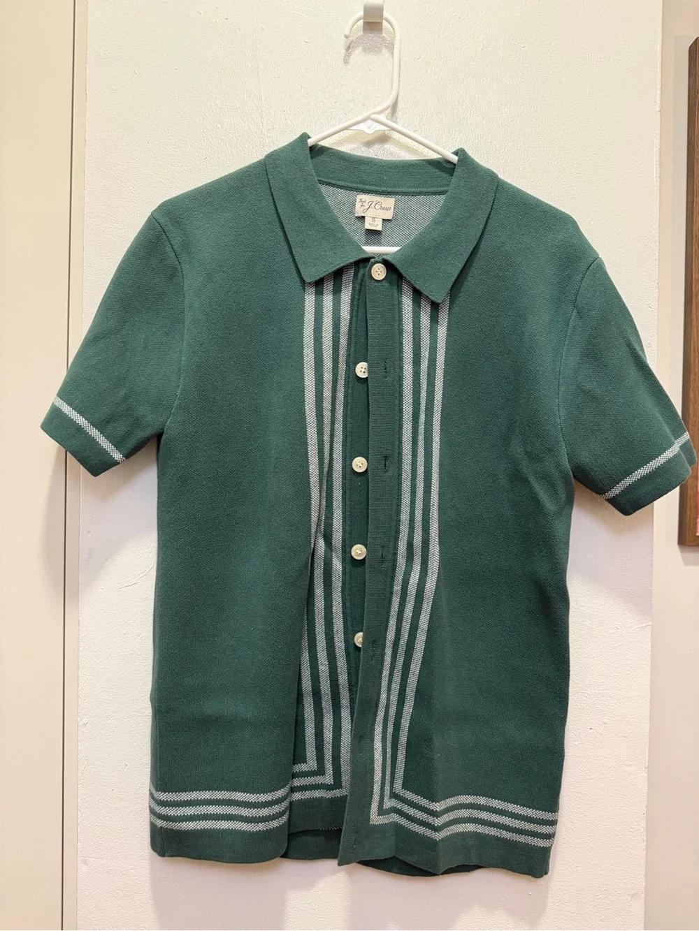 J. Crew Green Short-Sleeve Button Front Knit Top with Stripe Detail